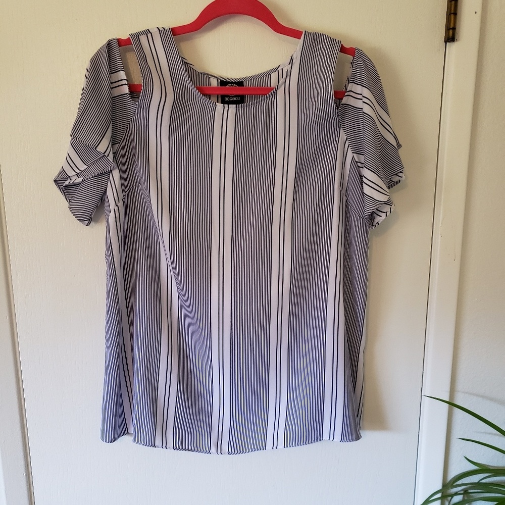 Bobeau  navy and white vertical stripe top.